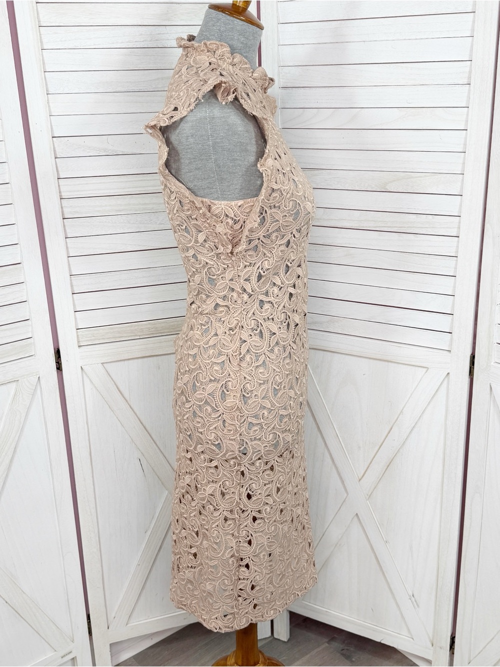 Zara Sheer Lace Ruffle Trim Sheath Dress Nude Tan Large Resort Coquette - Picture 3 of 12